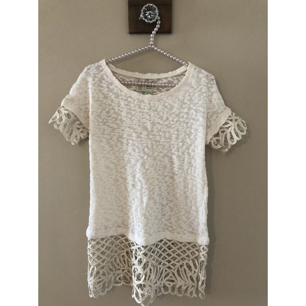 Anthropologie Cream Lace Trim Top